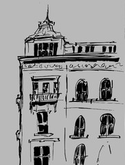 Ink sketch of buildings. Hand drawn illustration of Houses in the European Old town. Travel artwork. Black line drawing isolated on gray background.