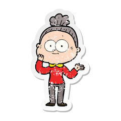 distressed sticker of a cartoon happy old woman