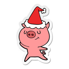 happy sticker cartoon of a pig wearing santa hat