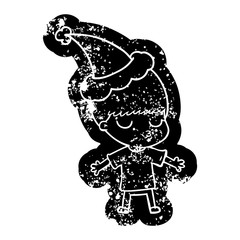 cartoon distressed icon of a calm boy wearing santa hat