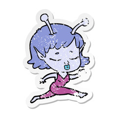 distressed sticker of a cute alien girl cartoon