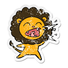 distressed sticker of a cartoon roaring lion
