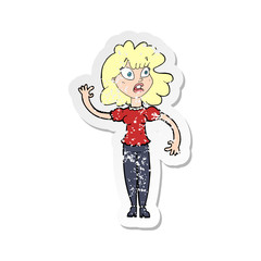 retro distressed sticker of a cartoon worried woman waving