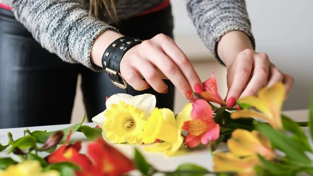 Florist arranging decorative flower composition. Creative floral hobby. Woman hands laying out narcissus and alstroemeria.