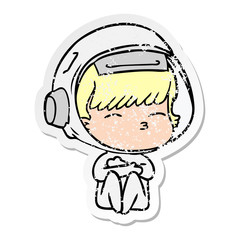 distressed sticker of a cartoon curious astronaut