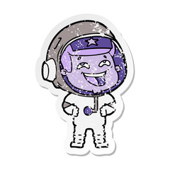 distressed sticker of a cartoon laughing astronaut