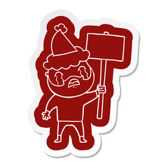 cartoon  sticker of a bearded protester crying wearing santa hat