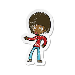 retro distressed sticker of a cartoon woman pointing