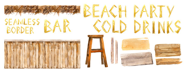 Beach Bar  Watercolor  Set. Seamless border of Wood Texture. Summer Tropical Party.  © Alecs