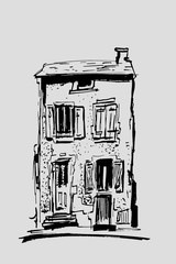 Ink sketch of buildings. Hand drawn illustration of Houses in the European Old town. Travel artwork. Black line drawing isolated on gray background.