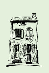 Ink sketch of buildings. Hand drawn illustration of Houses in the European Old town. Travel artwork. Black line drawing isolated on light background.