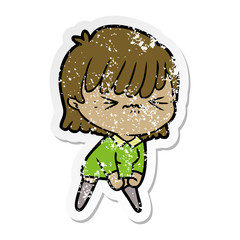 distressed sticker of a annoyed cartoon girl
