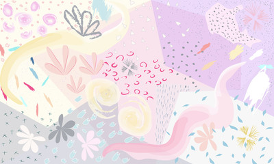 Creative universal artistic floral background. Hand Drawn textures. Trendy Graphic Design for banner, poster, card, cover, invitation, placard, brochure or header.