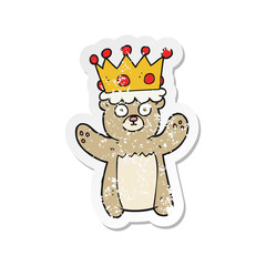 retro distressed sticker of a cartoon teddy bear wearing crown