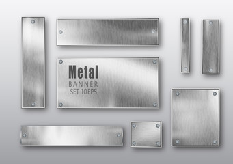 Metal banners set realistic. Vector Metal brushed plates with a place for inscriptions isolated on transparent background. Realistic 3D design. Stainless steel background.
