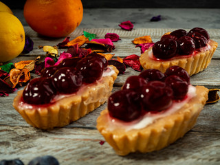 Delicious shortbread cake on wooden background