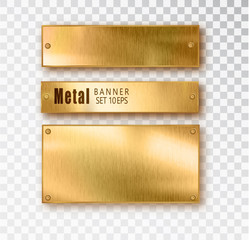 Metal gold banners set realistic. Vector Metal brushed plates with a place for inscriptions isolated on transparent background. Realistic 3D design. Stainless steel background.