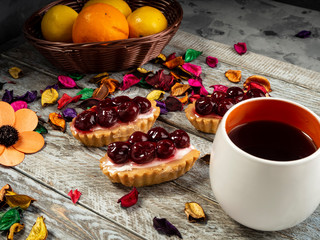 Delicious shortbread cake on wooden background