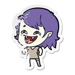distressed sticker of a cartoon laughing vampire girl