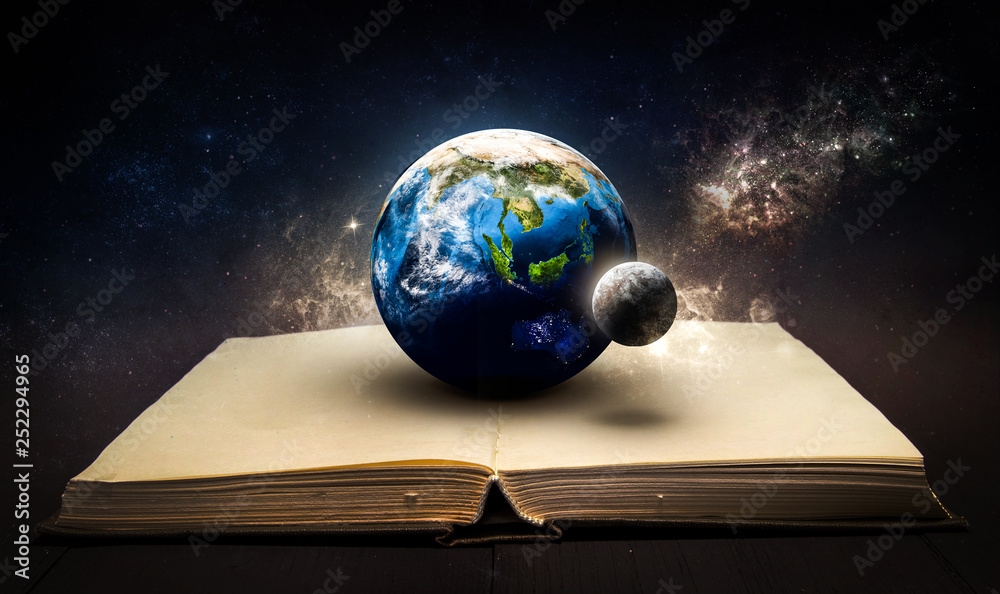 Wall mural magic book with planet earth and moon in the space. knowledge of universe. elements of this image fu