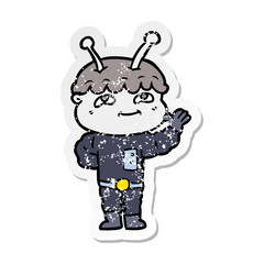 distressed sticker of a friendly cartoon spaceman