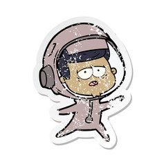 distressed sticker of a cartoon tired astronaut