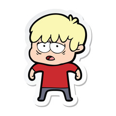 sticker of a cartoon exhausted boy