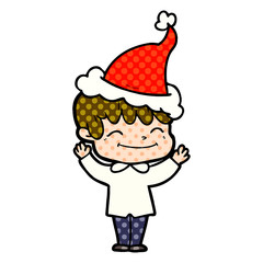comic book style illustration of a happy boy wearing santa hat