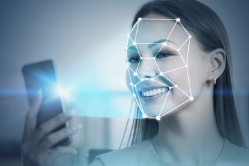 Smiling woman face recognition in office