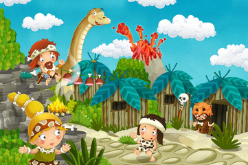 cartoon cavemen village scene with volcano and dinosaur diplodocus in the background - illustration for children