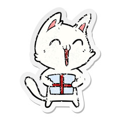 distressed sticker of a happy cartoon cat