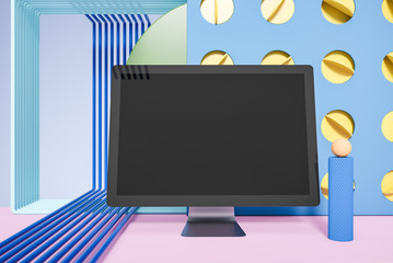 Computer screen over abstract geometric background