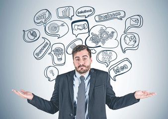 Businessman shrugging shoulders, business plan