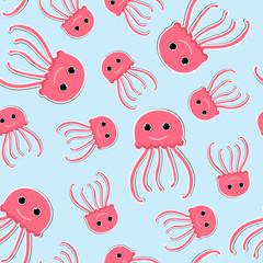 Vector Illustration. Cartoon jellyfish seamless background in modern flat style. Ocean animal character. Sea design