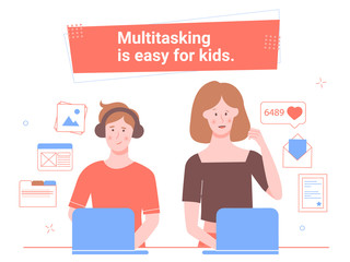 Multitasking is easy for kids. A boy and a girl are looking for pictures, surfing the Internet, save information, check social networks, learn, work, play. Young trend characters. Vector illustration.