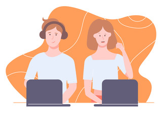 Characters on a bright background. Support staff, young colleagues, freelancers. Work at a laptop on the Internet. Vector illustration.