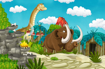 cartoon cavemen village scene with volcano and dinosaur diplodocus and mammoth in the background - illustration for children