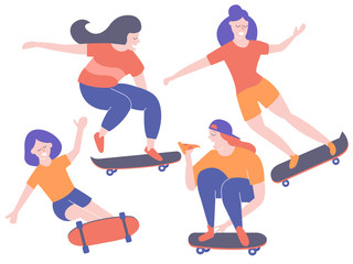 Set characters girls on skateboards. Friends play sports, freestyle, tricks. Vector illustration isolated on white background.