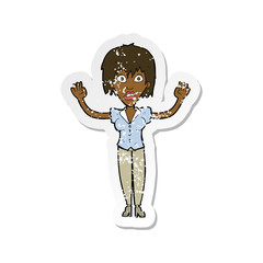 retro distressed sticker of a cartoon woman stressing out