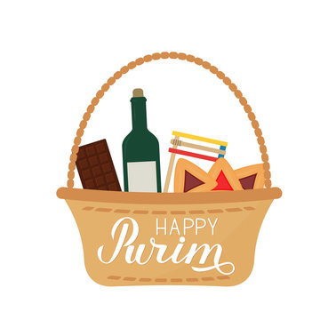 Happy Purim calligraphy lettering mishloach manot basket with traditional hamantaschen cookies isolated on white. Traditional Jewish carnival greeting card. flyer or poster. Vector illustration.
