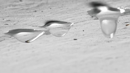 Drops of water fall from the plastered ceiling. Leak between floors of a house in need of repair. Flies and midges fly near the water.