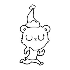 peaceful line drawing of a bear running wearing santa hat