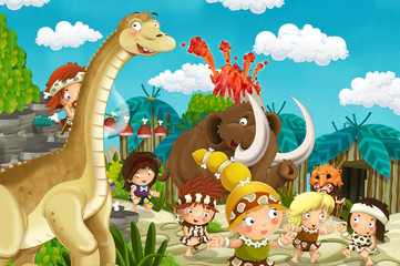cartoon cavemen village scene with volcano and dinosaur diplodocus and mammoth in the background - illustration for children