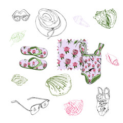 Collection  of  beach vacation items. Hand drawn sketch with different elements and pattern isolated on white  background.