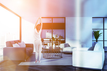Side view of panoramic living room gray sofa toned