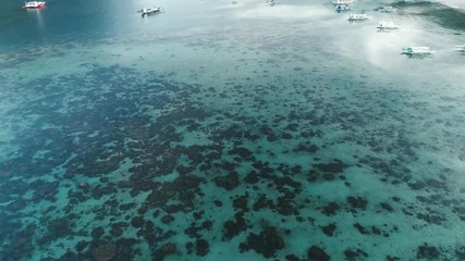 Aerial drone view of boats anchored in the bay with clear and turquoise water. Boat and yacht in the tropical lagoon. Tropical landscape. El Nido, Palawan island, Philippines.