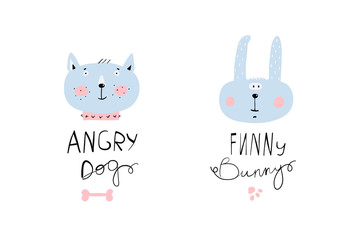 Funny bunny and angry dog logotypes