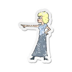 retro distressed sticker of a cartoon woman pointing finger