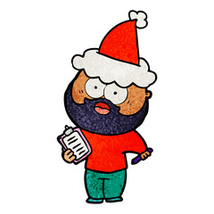 textured cartoon of a bearded man with clipboard and pen wearing santa hat