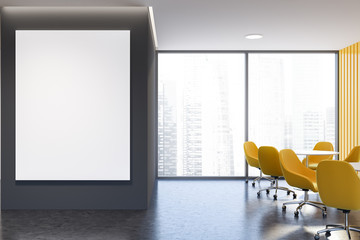 Gray office waiting room interior with poster